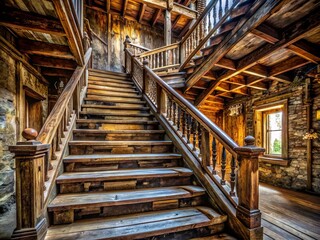 Rustic Wooden Staircase: Isolated, grand, weathered, natural, imposing