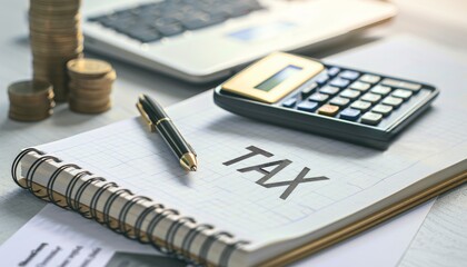 Notebook with Tax Written and Calculator on Desk