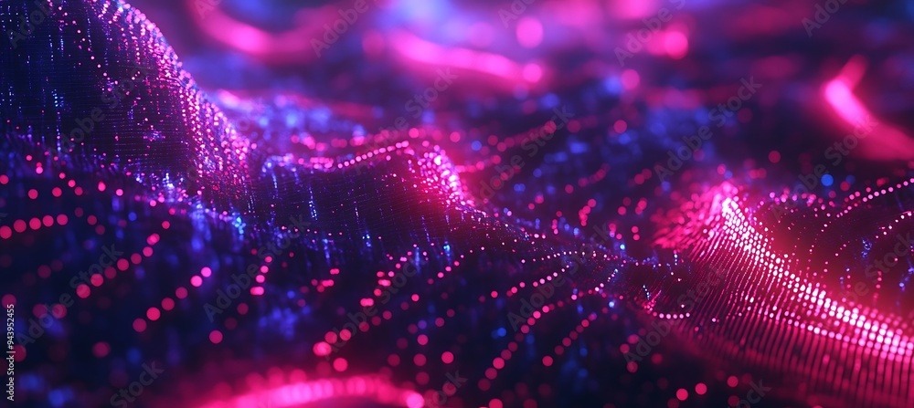 Poster a futuristic digital landscape featuring glowing grids and interconnected data streams
