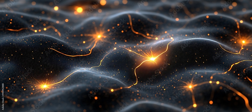 Poster a digital landscape with interconnected data streams and glowing grids
