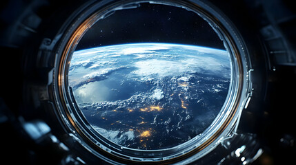 View of Earth from a spaceship window, showing a blue planet, clouds, and city lights.