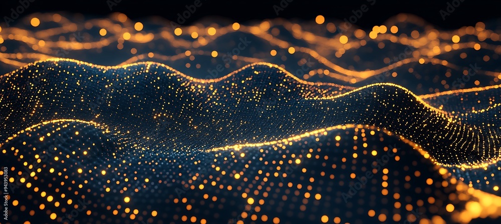 Poster a digital landscape with interconnected data streams and glowing grids