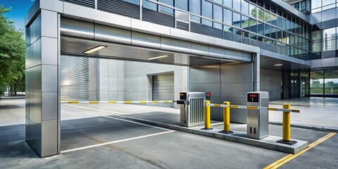 A modern automatic parking gate with a sleek design and metallic finish stands erected at the entrance of a spacious underground parking facility.