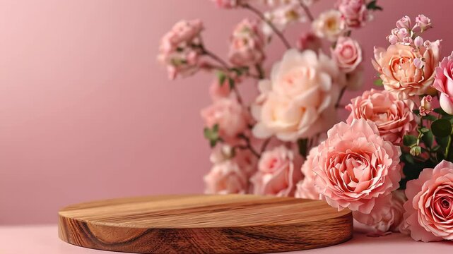 Wooden product display stand with pink flowers.