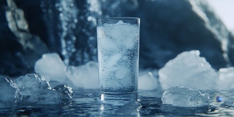 Obraz premium Refreshing Ice Cubes in Glass: Minimalist Summer and Winter Beverage Concept. Abstract Cool Drink Illustration for Advertising and Marketing. Elegant Design Template with Copy Space for Graphic Projec