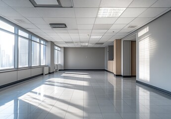Modern office interior with large windows