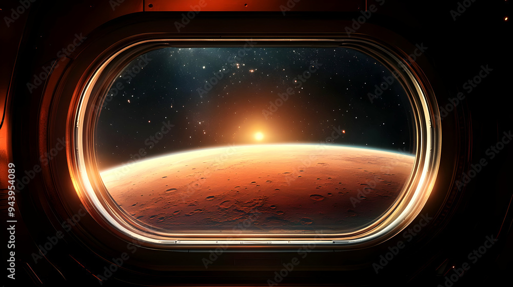 Poster view of mars from a spaceship window with the sun rising over the horizon.