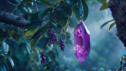 A purple crystal dangles from a leafy tree limb