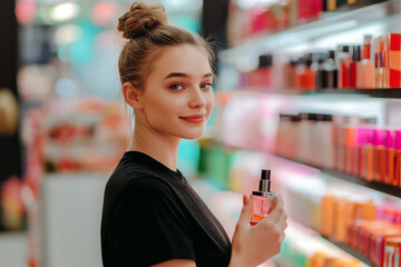 A cosmetics store consultant with a bun hairstyle in a black shirt holding a perfume bottle, with a neatly organized store and colorful products in the background.