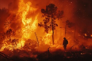 A brave male firefighter is fighting a forest fire with orange flames blazing in the fierce forest covering the forest under a smoky sky.