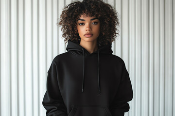 Beautiful woman wearing black plain hoodie. Mockup. Generative ai.