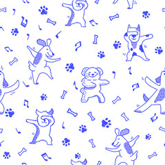 Hand-drawn color seamless pattern with cute dogs. Children's texture with dogs. Dogs print. Pets.