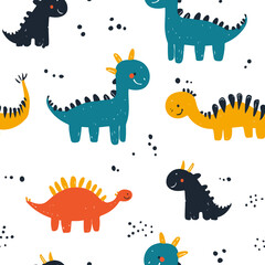 Seamless pattern of cute dinosaurs isolated on white background. Ideal for children's clothing, nursery decor, educational materials, and themed party accessories.
