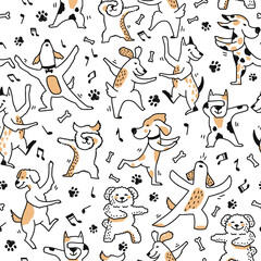 Cartoon dog dancing characters seamless pattern. Wallpaper or fabric seamless background, wrapping paper print or  pattern with kawaii dogs dancing
