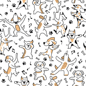 Cartoon dog dancing characters seamless pattern. Wallpaper or fabric seamless background, wrapping paper print or  pattern with kawaii dogs dancing