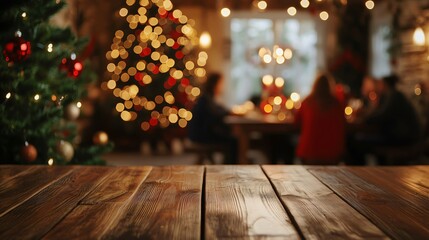 Rustic wooden table set against a joyful family christmas dinner scene