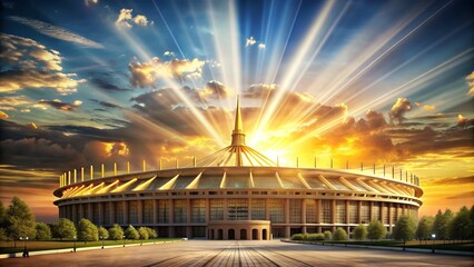 Stadium Triumph Glory: Monumental victory, towering stadium, golden rays, triumphant expressions, shared ecstasy.