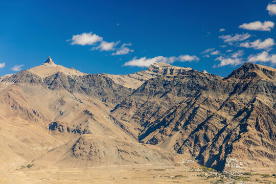 Arid and rugged mountainous landscape with a road between Zangla and Wanla, Zanskar, Ladakh; Zanskar, Ladakh, India