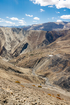 Road winding across the barren mountainside between Zangla and Wanla, Zanskar, Ladakh; Zanskar, Ladakh, India