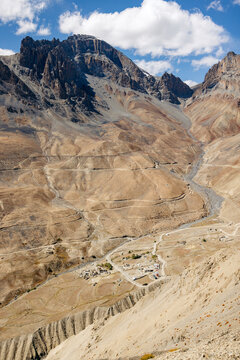 Arid and rugged mountainous landscape with a road between Zangla and Wanla, Zanskar, Ladakh; Zanskar, Ladakh, India