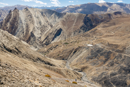 Road winding across the barren mountainside between Zangla and Wanla, Zanskar, Ladakh; Zanskar, Ladakh, India