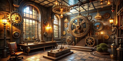 Fototapeta premium Steampunk Sanctuary: Industrial, Victorian, gears, brass, retro