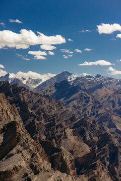 Beautiful rugged mountaintops in the Himalayas, along the road between Zangla and Wanla, Zanskar, Ladakh; Zanskar, Ladakh, India