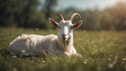 Obraz premium A Relaxed White Goat Resting in a Lush Meadow.