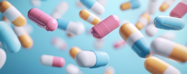 Virtual reality pharmacy, digital pills floating, modern medicine, 3D illustration
