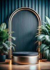 Elegant Art Deco Black Podium for Product Display Against Contemporary Background with Plants