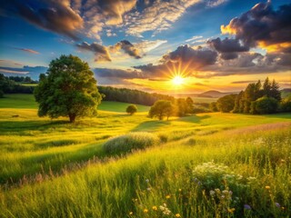 Sunlit Meadow Haven: Serene, idyllic, golden hour, lush greenery, expansive field