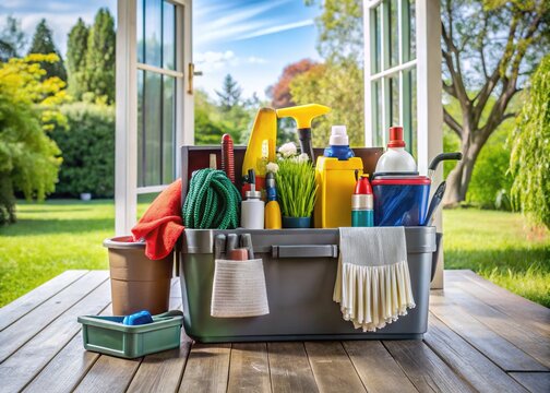 A neatly organized toolbox and a variety of cleaning supplies rest on a tidy porch, symbolizing reliable and efficient household maintenance and repair expertise.