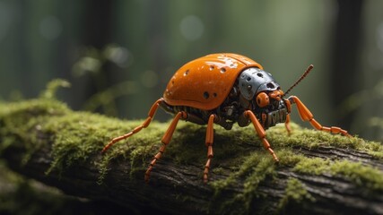 A robotic beetle with a shiny orange exoskeleton is perched on a mossy log in the forest.