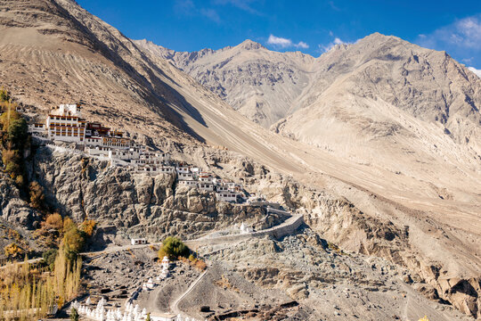 Diskit Monastery built on a rugged mountainside in the Nubra Valley; Leh, Ladakh, India
