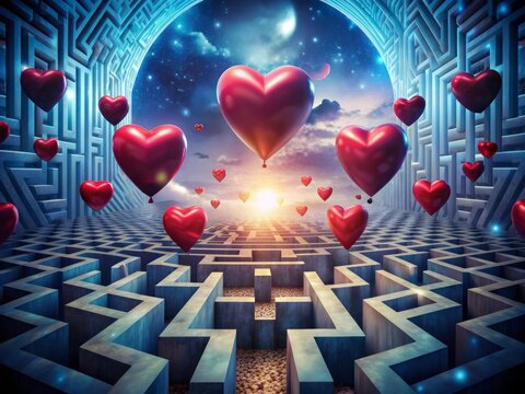 Surreal Heart Labyrinth: Impossible spaces, floating hearts, dreamlike atmosphere, disorienting patterns