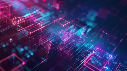 Obraz premium A vibrant digital design featuring glowing cubes and lights, creating a modern abstract background with technology vibes.
