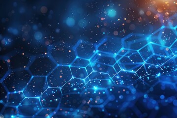 A blue and orange background with a pattern of hexagons