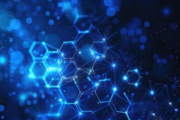 A blue background with a lot of hexagons and dots