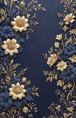 vintage royal navy blue with elegant white and gold flowers pattern