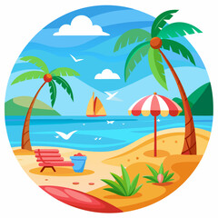 Obraz premium Tropical Beach Scene with Palm Trees, Beach Chair, and Umbrella