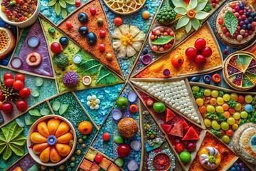 Fototapeta premium Surrealist Slice Mosaic: Abstract patterns, vibrant hues, unconventional toppings, dreamlike atmosphere