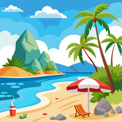 Obraz premium Tropical Beach Scene with Palm Trees, Umbrella, and Lounge Chair