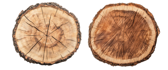 High resolution image of two wooden log slices showing natural wood grain patterns