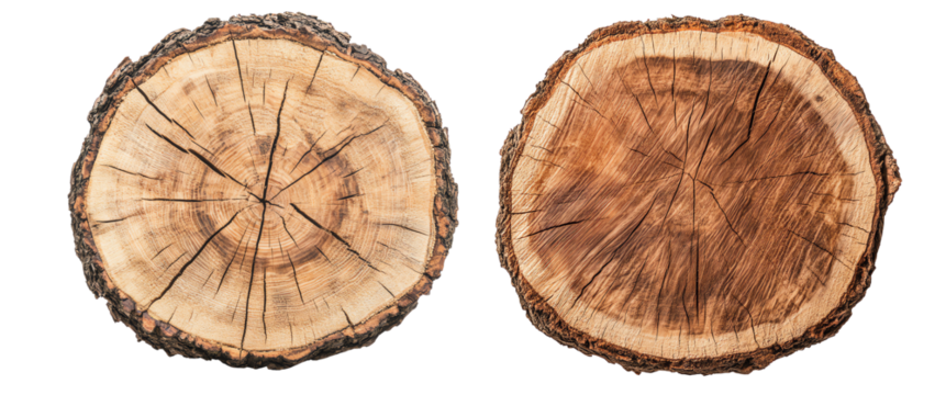 High resolution image of two wooden log slices showing natural wood grain patterns