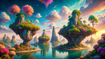 Obraz premium Surreal Seascape Odyssey: Fantastical seascapes with vibrant hues, floating islands, and dreamlike distortions.