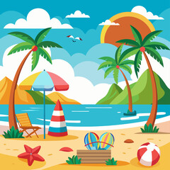 Obraz premium Tropical Beach with Palm Trees, Beach Umbrella, and Beach Toys