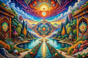 Fototapeta premium Surreal Tapestry: Dreamlike, mind-bending, vibrant contrasts, distorted shapes, uncanny imagery