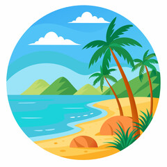 Obraz premium Tropical Beach Scene with Palm Trees and Mountains