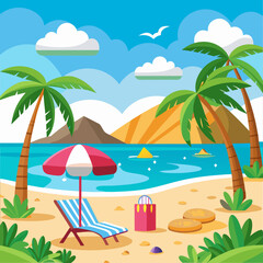 Obraz premium Beach Scene with Palm Trees, Umbrella, and Lounger