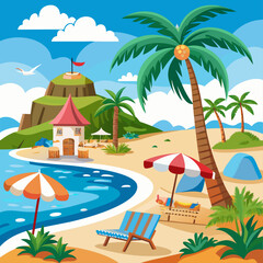 Obraz premium Tropical Beach Scene with Palm Trees, a Hut, and a Beach Chair
